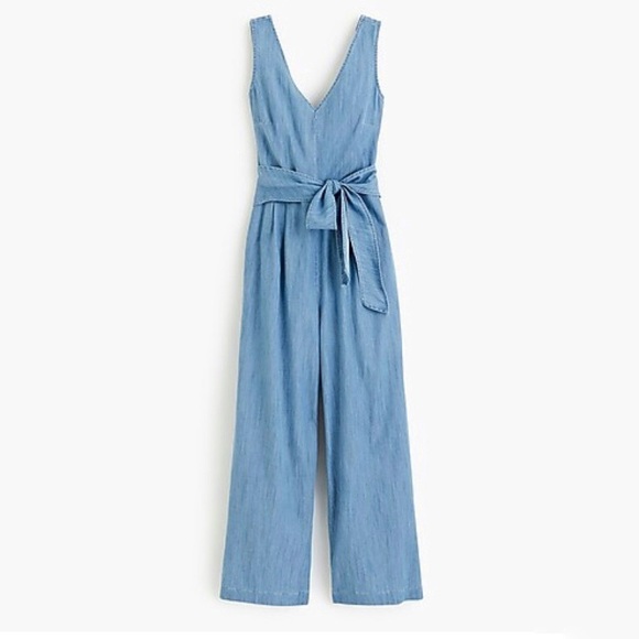 J. Crew Chambray Wrap Dark Matter Blue Denim Tie Jumpsuit NWT - Picture 4 of 8